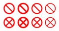 Forbidden signs set. Red round prohibition signs in different sizes.